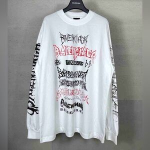 Balenciaga White and Red Graphic Long Sleeve Tee